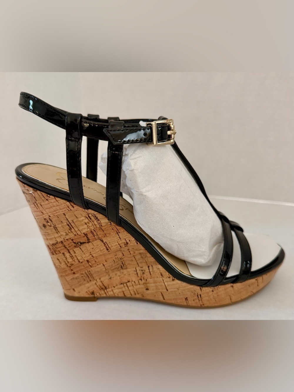 NWT Jessica Simpson Jardina Black Patent Cork Wedge Sandals Size 7M - Picture 11 of 15